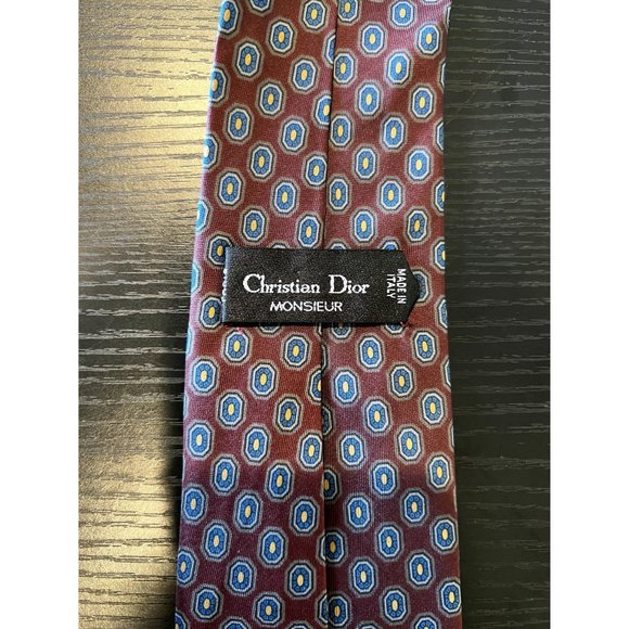 Christian Dior Red & Blue Italian Silk Geometric Vintage Men's Tie - Picture 3 of 7